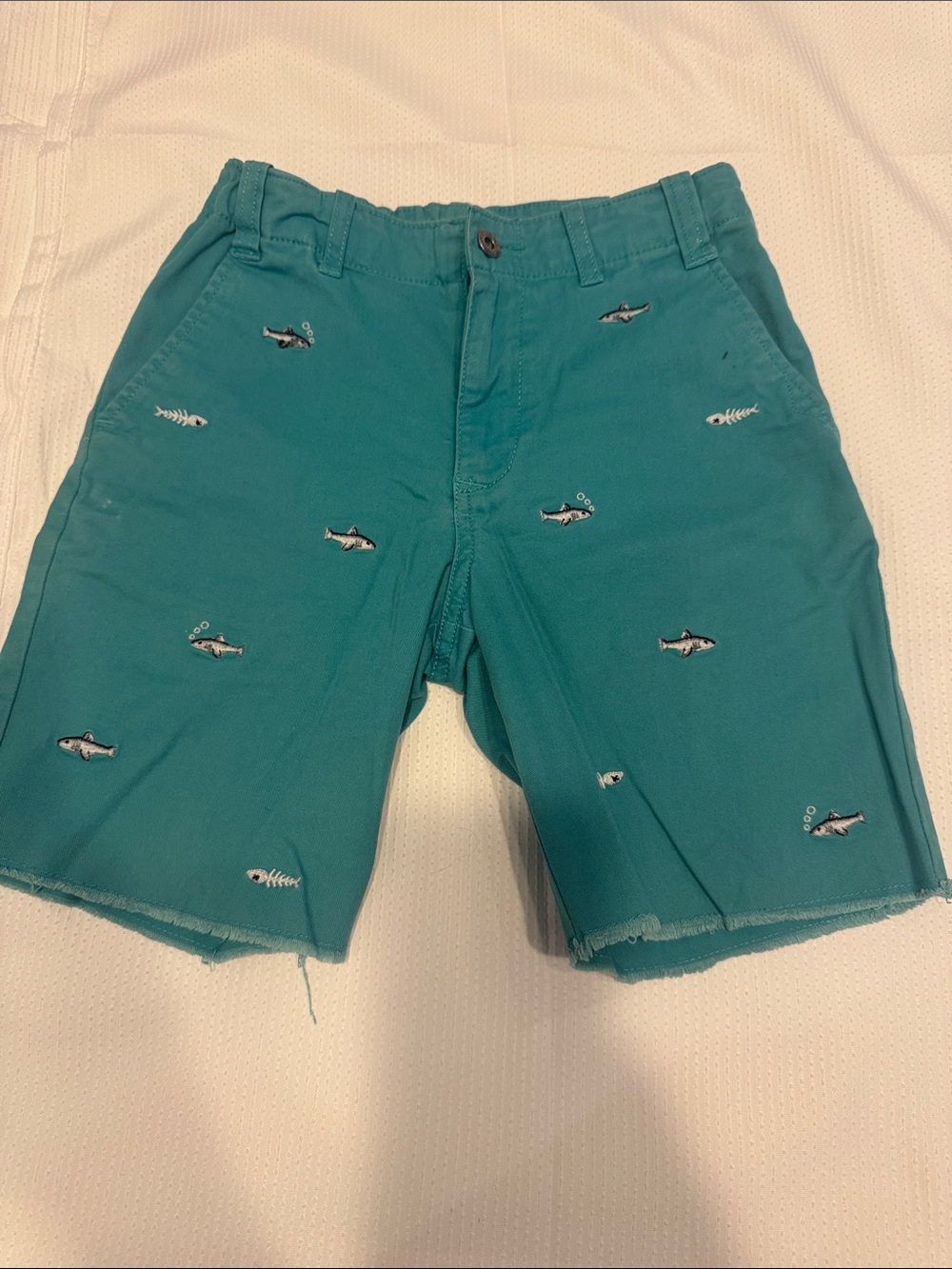 Boy’s Teal Embroidered Fish Cotton Shorts
